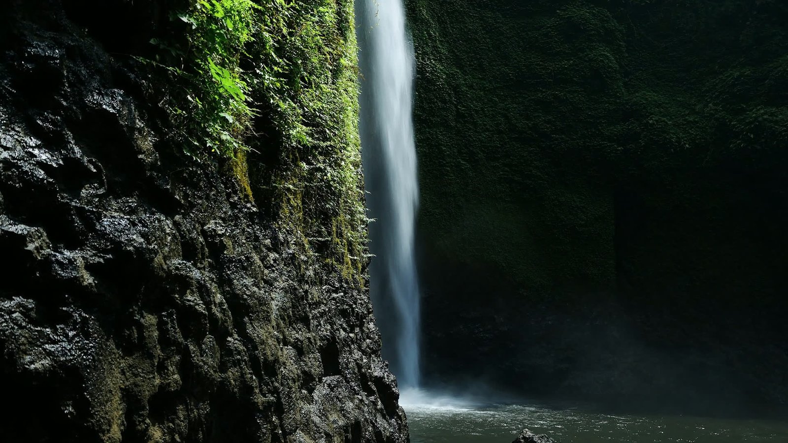 A tall waterfall falling into a dark pool in a moss-walled gorge, one shaft of light through the canopy.