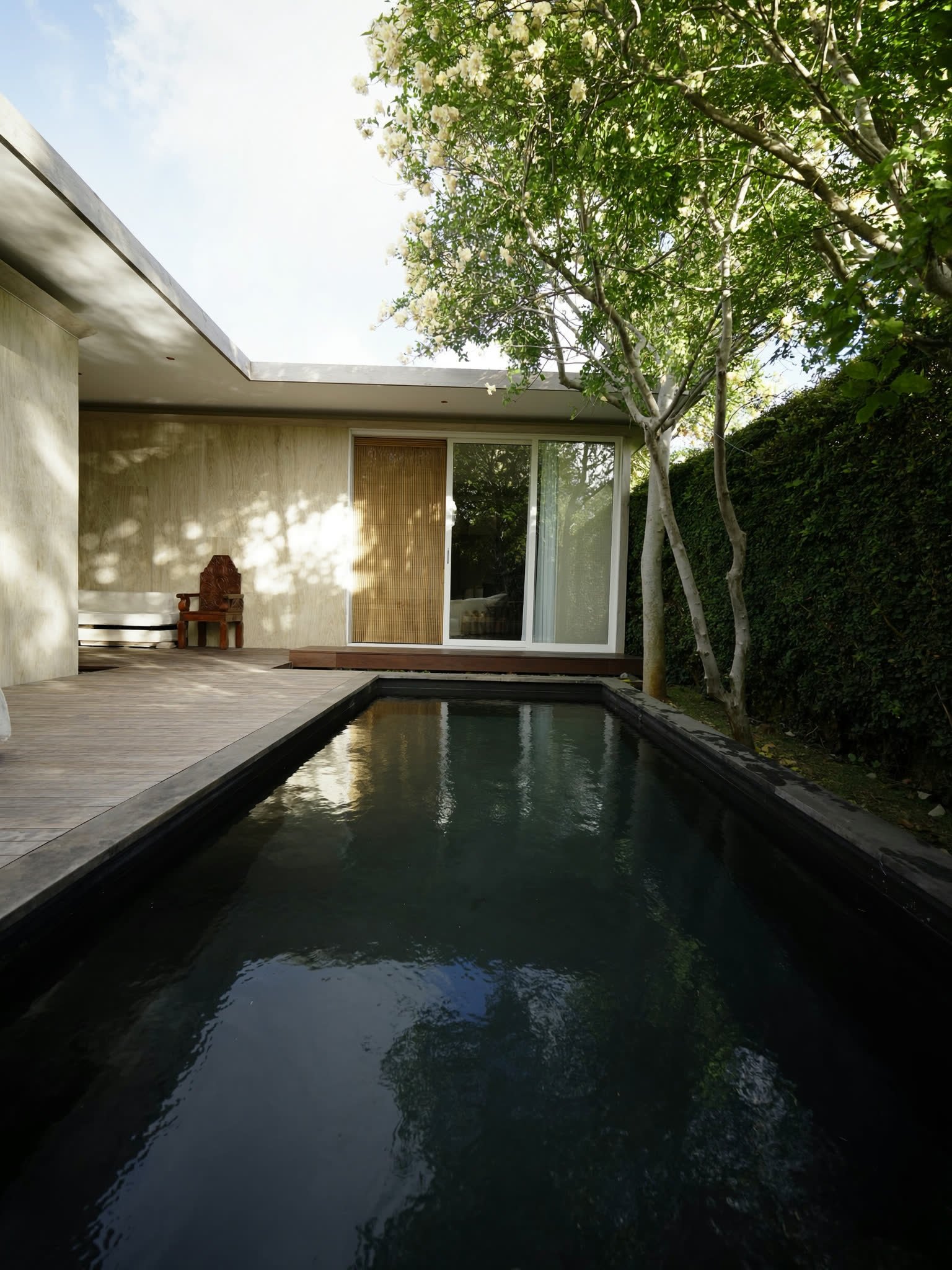 A dark bottomed lap pool in honed stone running toward a glass walled villa in dappled shade.