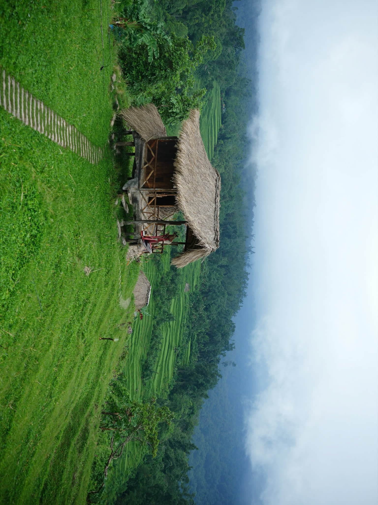 A small thatched guesthouse on a terraced green ridge in the Sidemen valley with cloud in the valley.